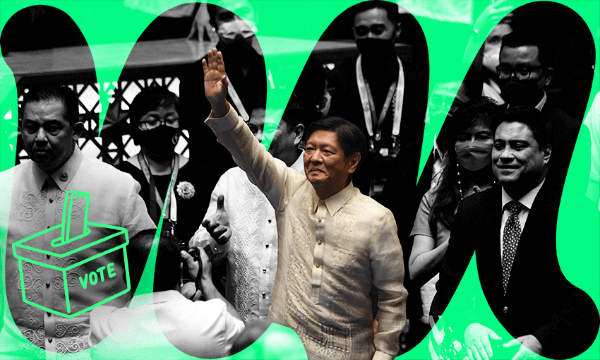 Ferdinand Marcos Jr arrives  for his proclamation as the Philippines president in Manila on May 25 (Photo: Ted Aljibe/AFP via Getty Images; additional design Archi Banal) 

