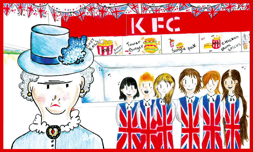 Illustrations showing a hacked-off Queen, a phalanx of KFC staff all dressed in Union Jack aprons, and banners all over the KFC menu.