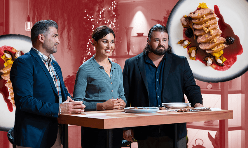 Masterchef NZ’s trio of judges Michael P. Dearth, Nadia Lim and Vaughan Mabee (Photo: Discovery, Design: Archi Banal( 
