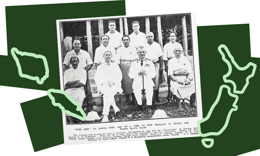 ‘Wise men of Samoa who are on a visit to New Zealand to learn the white man’s ways’: an article on the tour of nine Sāmoan faipule in the Auckland Weekly News on December 11, 1924 (Photo: Auckland Libraries Heritage Collections AWNS-19241211-43-6; additional design Archi Banal) 
