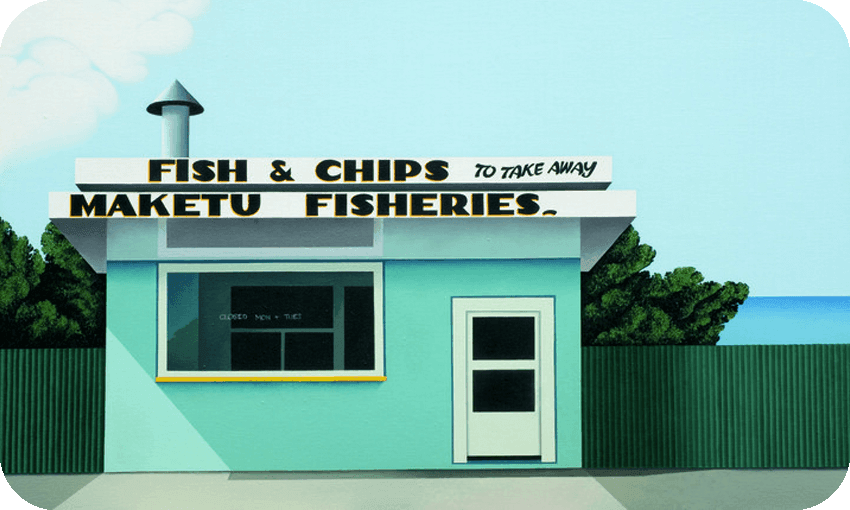 Painting in turquoise and greens, of an old-school fish and chip store against blue sky and blue sea.
