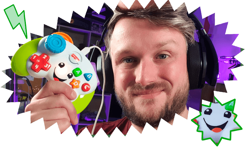 Rudeism, with his homemade Fisher Price controller. Yes, it works. And yes, he can beat you in a game with it. (Image: Tina Tiller) 

