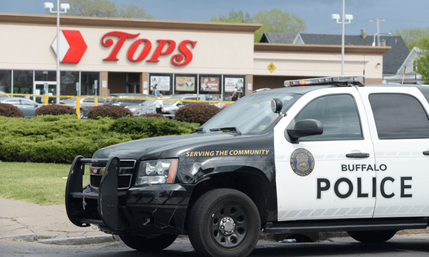 The Tops supermarket in Buffalo, upstate New York, where at least ten people were murdered. (Photo by John Normile/Getty Images) 
