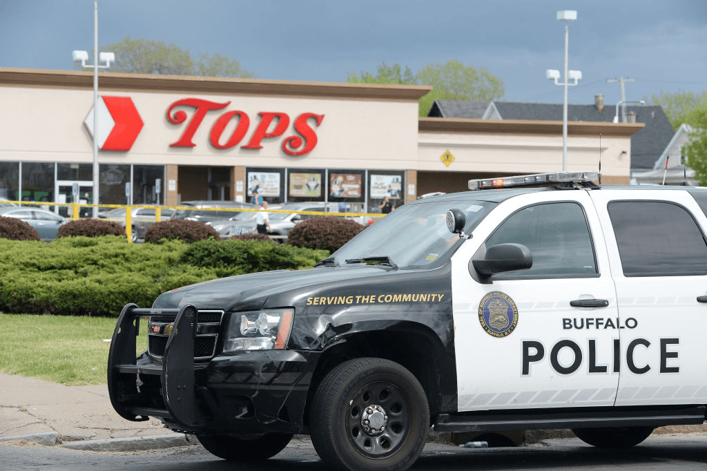 BUFFALO, NY – MAY 14: Buffalo Police on scene at a Tops Friendly Market on May 14, 2022 in Buffalo, New York. According to reports, at least 10 people were killed after a mass shooting at the store with the shooter in police custody. (Photo by John Normile/Getty Images) 
