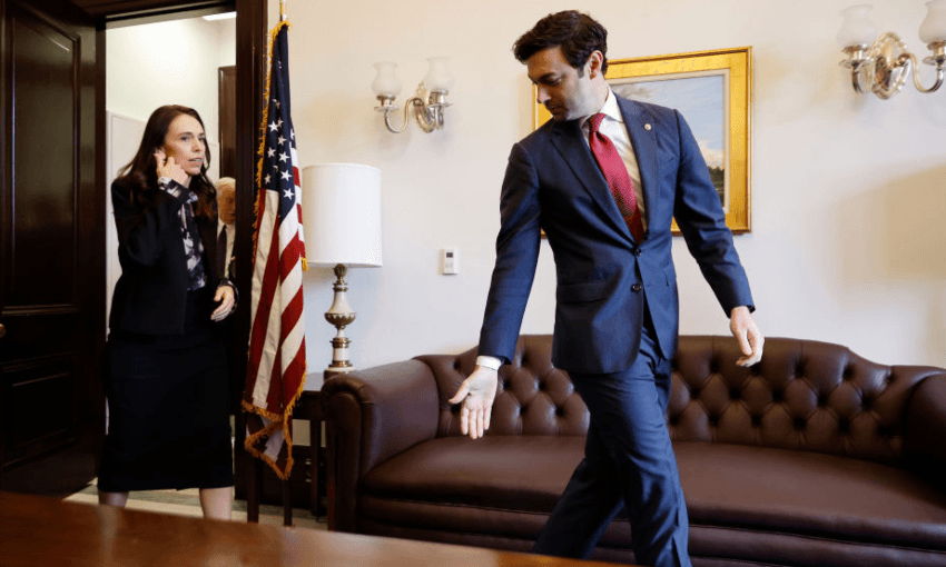 Democrat Senator Jon Ossoff invites Jacinda Ardern into his office during a Washington DC visit (Photo: Chip Somodevilla/Getty Images) 
