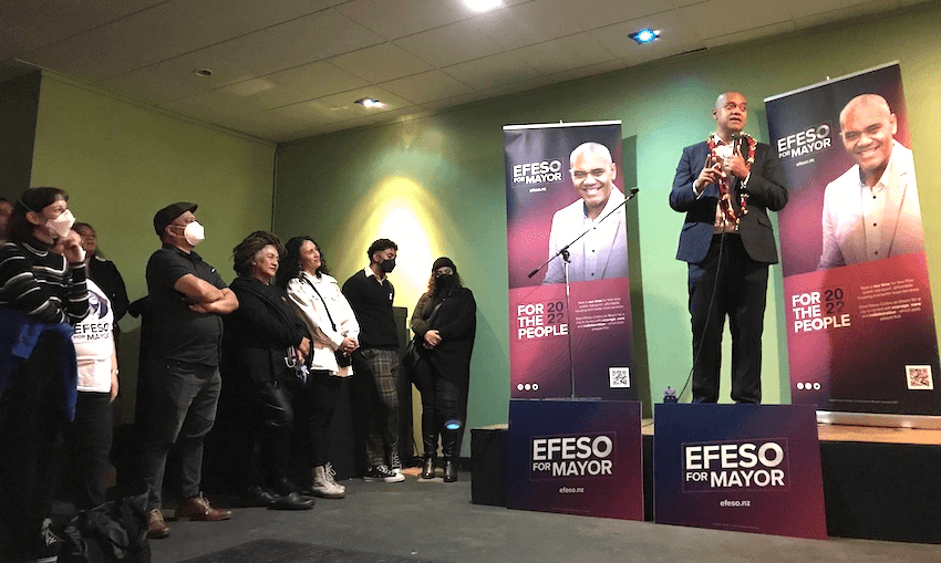 Efeso Collins takes the stage at his Auckland mayoral campaign launch, May 14 2022 (Photo: Charlotte Muru-Lanning) 
