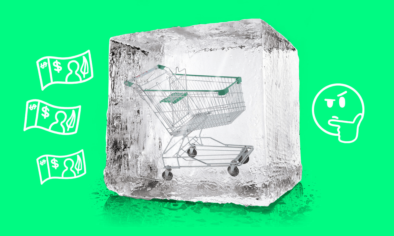 A shopping trolley encased in an ice block