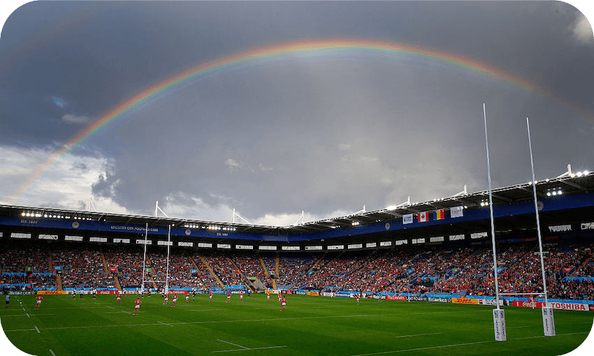 A rainbow over the stadium during the 2015 Rugby World Cup match between Canada and Romania in Leicester, UK. (Photo: Stu Forster/Getty Images) 
