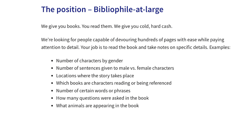 Job description giving examples of tasks, eg how many questions were asked in the book, number of certain words or phrases.