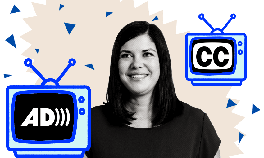 Wendy Youens' head and shoulders with logos of audio description and closed captioning