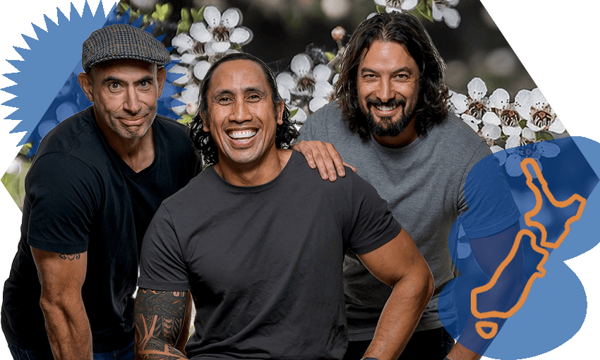 Wai Mānuka founders Lance Paora, Joe Harawira and Wayne Atkins, aka 3 Māori Boys (Photo: Supplied; additional design: Tina Tiller) 
