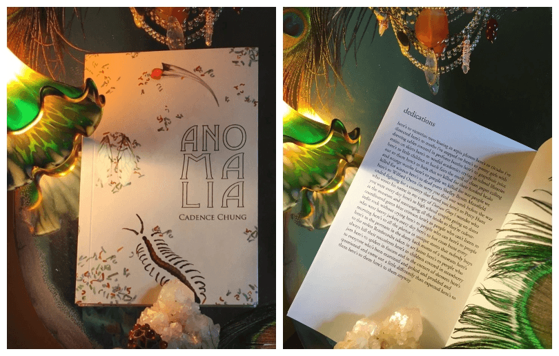 Two photographs showing a book of poems in a 'shrine' of a green Tiffany lamp, crystals and a peacock feather.