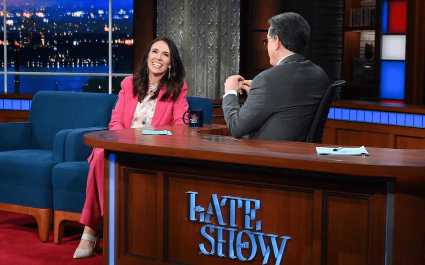 Ardern talks gun control, Neve’s briefcase on The Late Show with Stephen Colbert