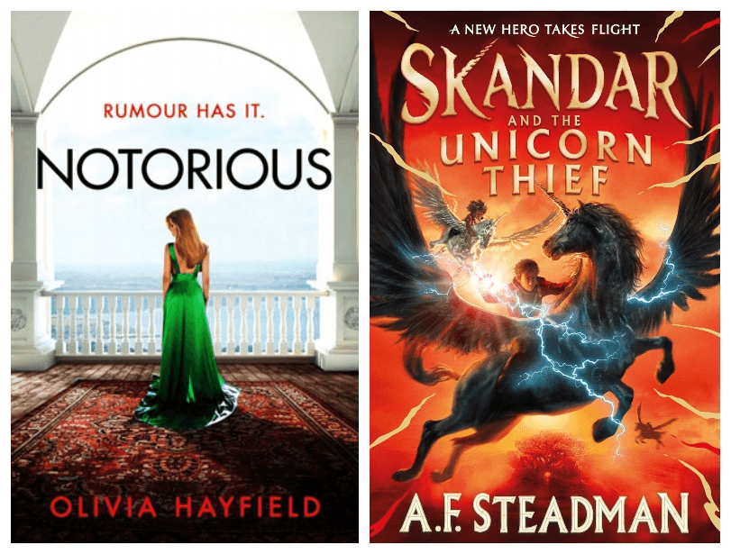 Two book covers - left is a glamorous woman standing looking out a grand window, right is a boy on a unicorn, lightning flashing from its hooves and his hands.