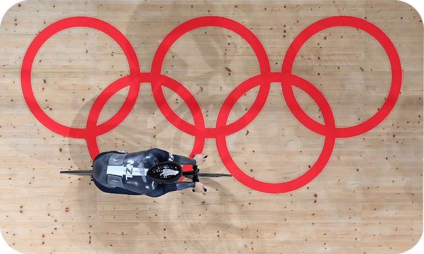 A New Zealand cyclist warms up at the 2020 Tokyo Olympics in 2021. (Photo: Greg Baker/AFP via Getty Images) 
