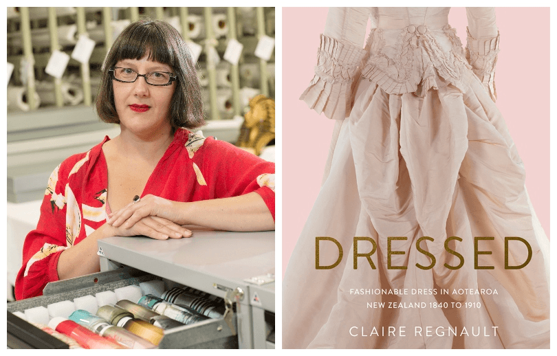 Photograph of a woman sitting at a cabinet full of sewing threads; cover of her book Dressed, which is blush pink and glorious.