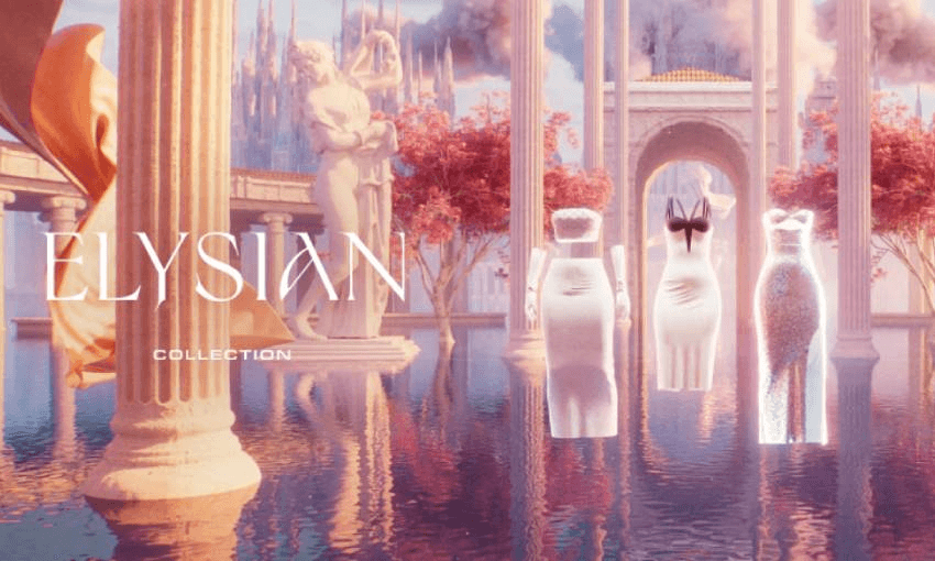 three white dresses against a Grecian background