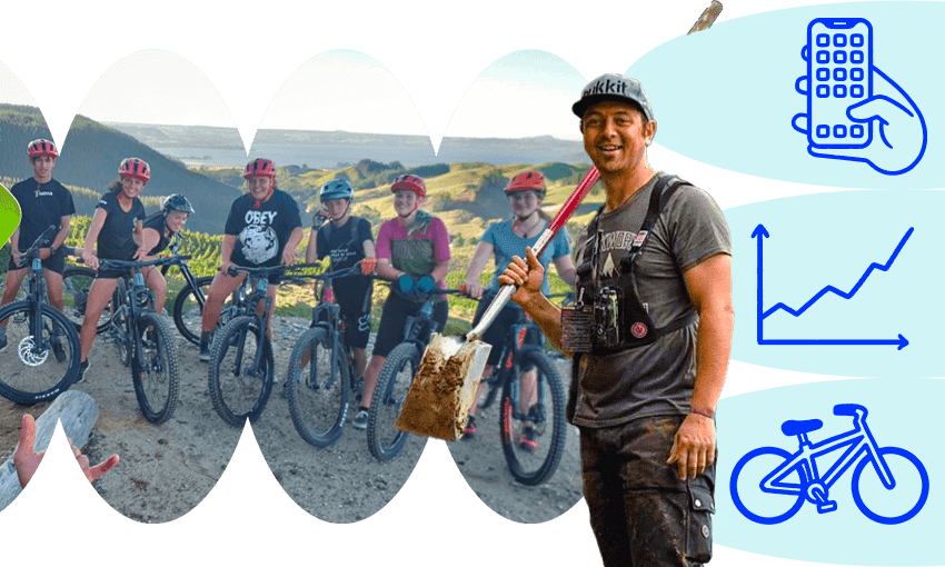 Tuhua Mutu, and a group of mountain bikers (Image: Mountain Bike Rotorua, Clint Trahan; additional design: Tina Tiller) 
