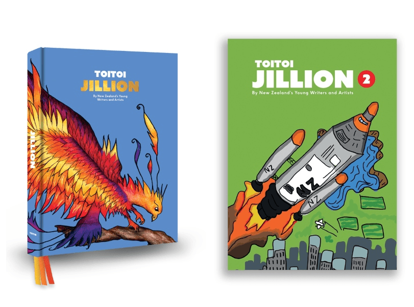 Two book covers, one a flaming-orange dragon on a blue background, the other a spaceship blasting off on a green backdrop.