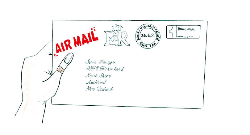 Illustration of a letter held in a hand, includes royal seal and big red AIRMAIL, writing is beautiful cursive