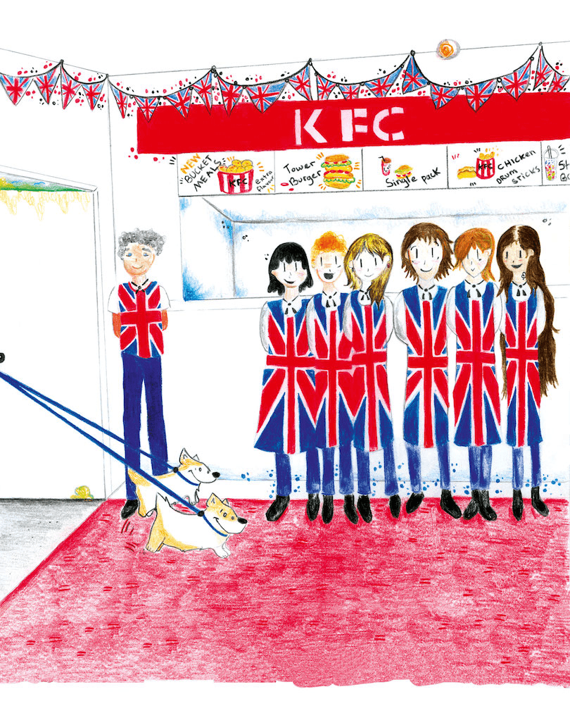 Child's drawing of a KFC decked out in Union Jacks, staff all lined up in Union Jack uniforms, and two corgis tugging at their leads to get into the store. 