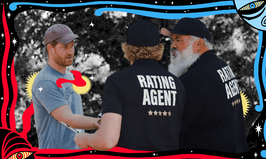 Prince Harry with Rhys Darby and Dave Fane in his promotional video for Travalyst (Photo: Screenshot, additional design by Tina Tiller) 
