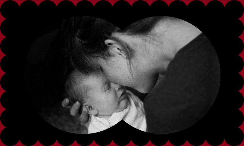 Black and white photo of mother and baby