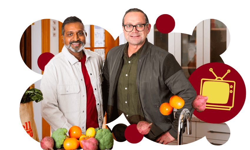Ganesh Raj and Michael Van de Elzen are back with a new season of Eat Well for Less NZ (Image: TVNZ / Design: Tina Tiller) 
