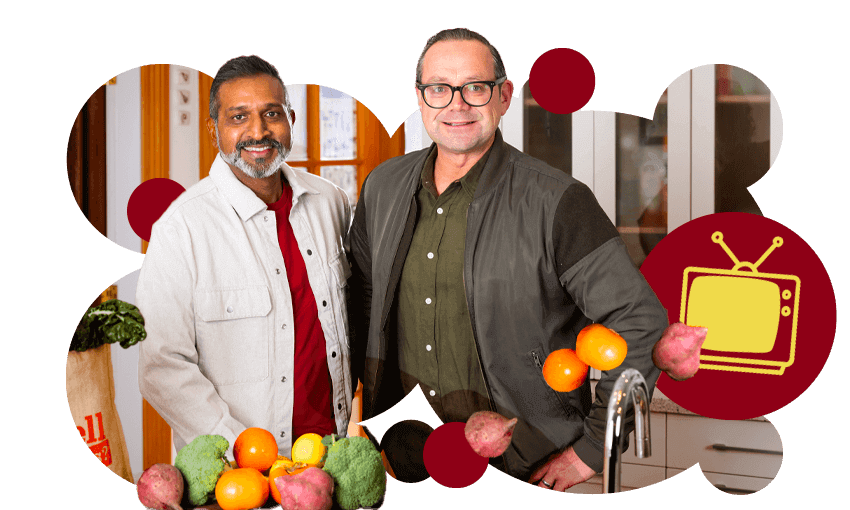 Ganesh Raj and Michael Van de Elzen are back with a new season of Eat Well for Less NZ (Image: TVNZ / Design: Tina Tiller)