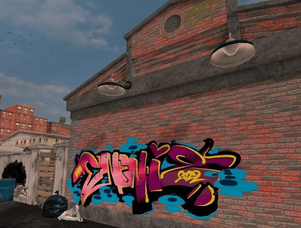 a colourful tag on a brick wall from the Kingspray game. It's relatively realistic, but the sky isn't quite the right colour; the scene is a little empty and desolate