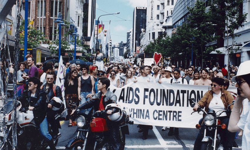The New Zealand Aids Foundation banner at the Devotion Festival parade in Wellington, 1995 (Photo: Supplied) 
