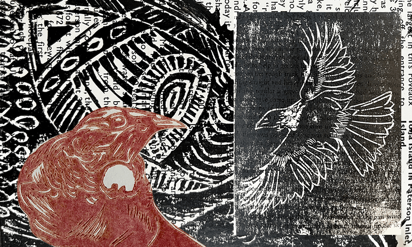 Nadine Anne Hura’s tūī on lino, improving progressively