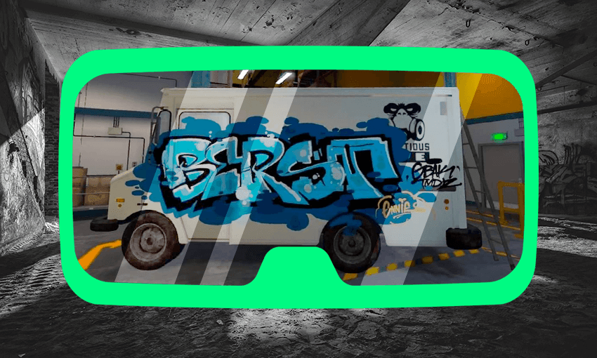 a virtual reality version of graffiti with the background of a real photo of a carpark/tunnel thing