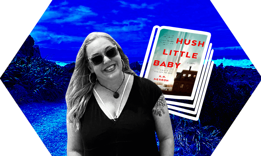 Smiling long-haired woman in sunnies against a backdrop of a rocky beach, whitecaps. Washed in dark blue. A book cover beside her.
