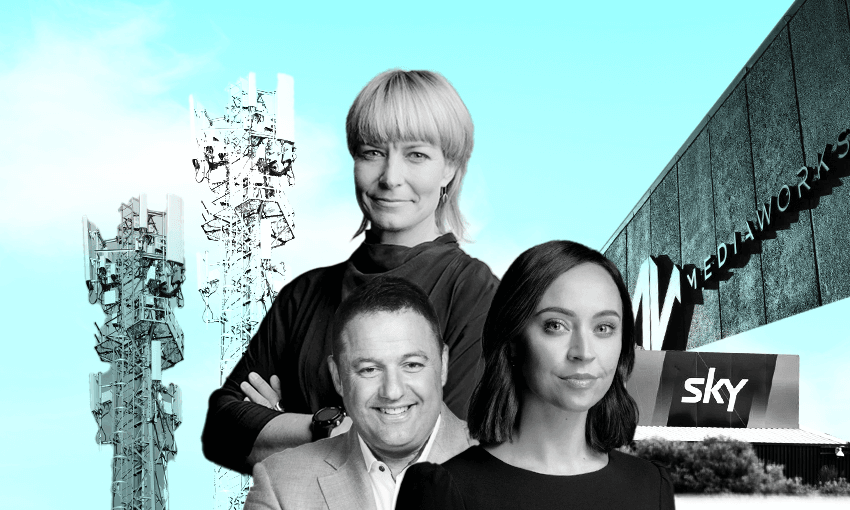 Sky TV CEO Sophie Moloney and MediaWorks hosts Duncan Garner and Tova O’Brien (Image: Archi Banal) 
