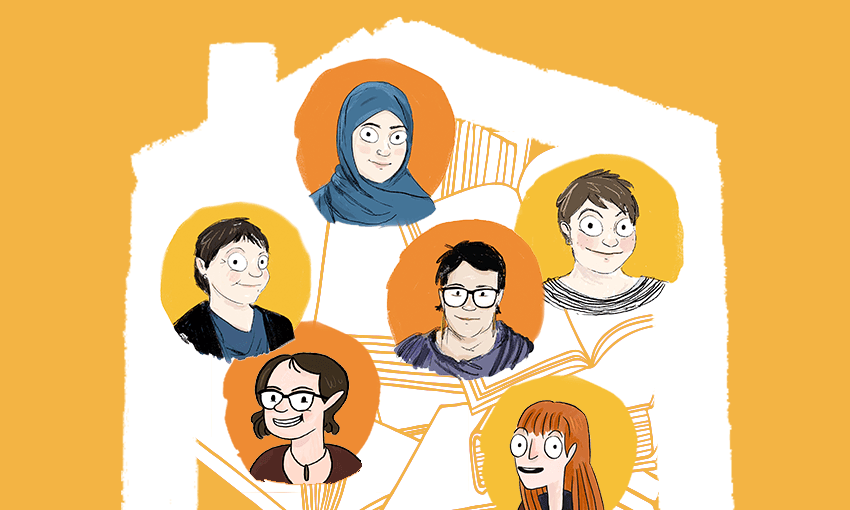 The women who built The Sapling. Clockwise from top: Nida Fiazi, Briar Lawry, Jane Arthur, Thalia Kehoe Rowden, Sarah Forster, with Simie Simpson at centre (Illustrations: Giselle Clarkson; Design: Archi Banal) 
