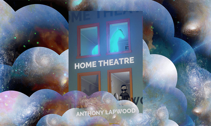 Anthony Lapwood’s Home Theatre, the number one book in Te Whanganui-a-Tara this week (Cover design: Jonathan King; image design: Archi Banal)