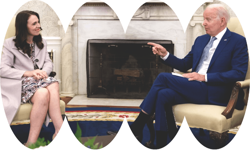 Joe Biden and Jacinda Ardern pretend to have a meaningful conversation ahead of their meeting at the White House (Photo: Saul Loeb/AFP via Getty Images) 
