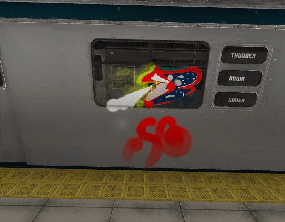 Some random red and black squiggles on a fake subway car. it looks bad! 