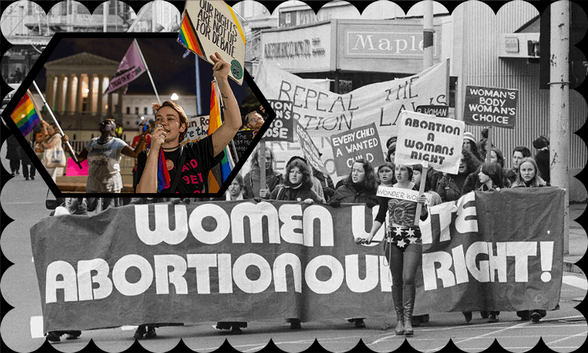 Main photo: An abortion rights demonstration on Manners St, Wellington, June 23, 1976. Inset: Abortion rights protesters denounce the US Supreme Court’s decision to end federal abortion rights, June 26, 2022. (Photos: Evening Post, Tasos Katopodis/Getty Images).  
