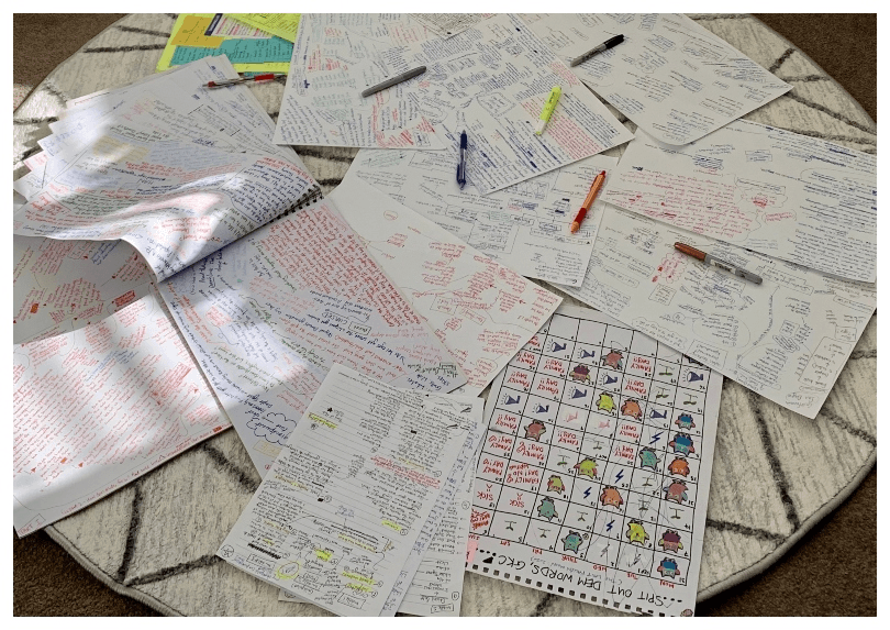 A mat strewn with papers and pens, loads of notes and grids and all sorts of planning.