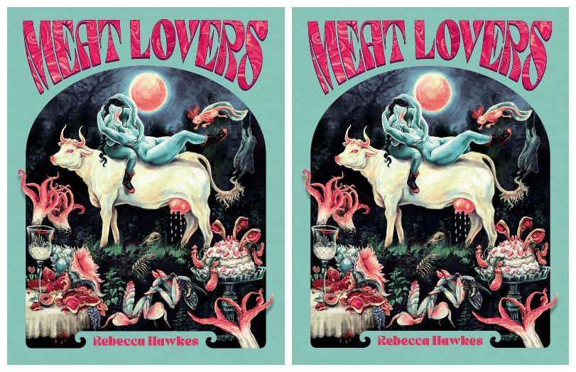 Cover of Meat Lovers, featuring surreal painting of a great white cow. 