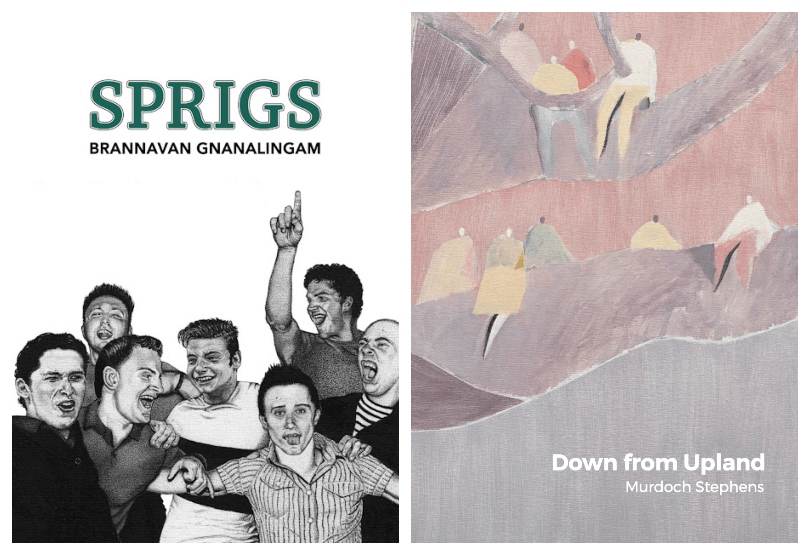 Two book covers, left one is black and white illustration of rugbyhead boys louting around; right is a pastel painting of kids sitting on tree branches.