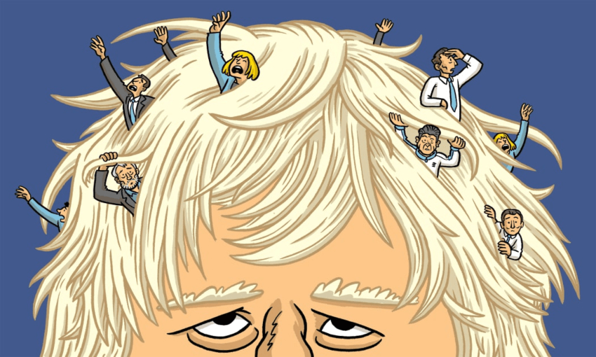 Boris Johnson will be replaced as leader and prime minister in September. (Illustration: Toby Morris for RNZ) 
