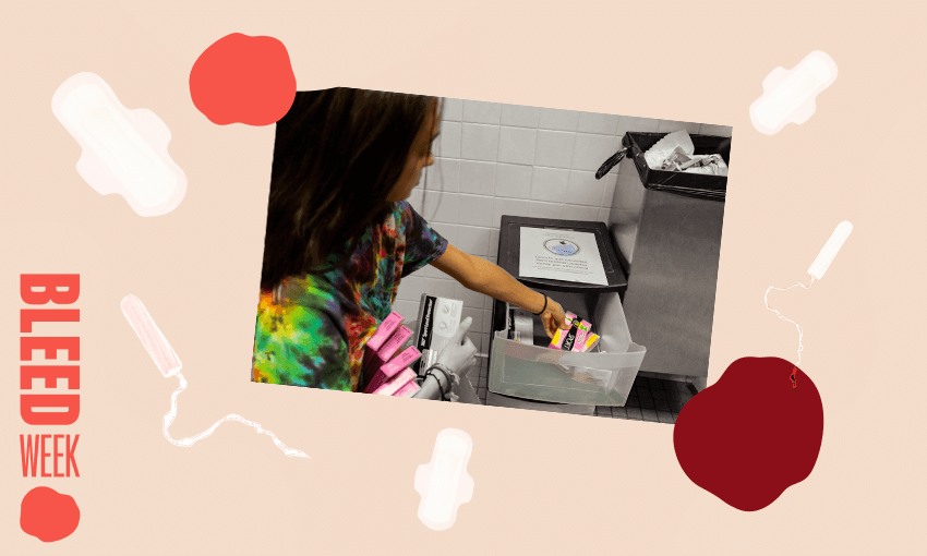 bleed beek beige and red background with a student stocking a bin of period products