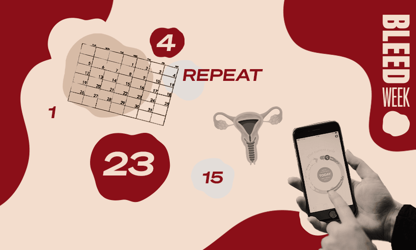 period apps, caladeners, and a uterus on a red and beige bleed week background