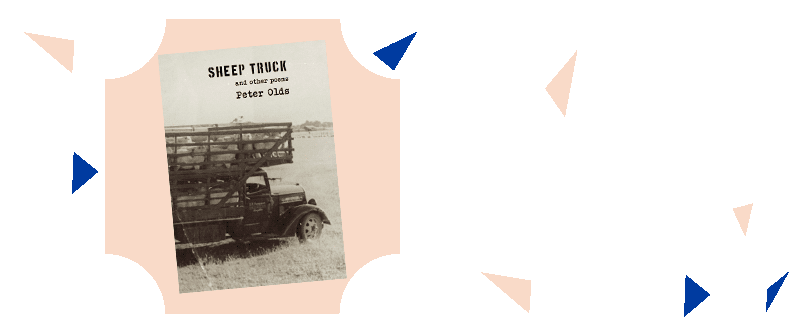 A book of poetry showing a black and white photo of an old sheep truck in a pen.