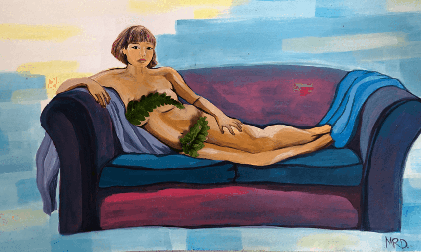 Painting of a young woman. She's naked except for strategically-placed fern fronds, and she's on a purple couch.