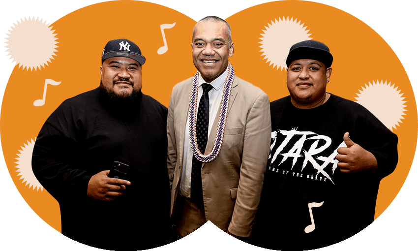 Efeso Collins (centre) with Karl Tusini-Rex (left) and Vinny Niutama (right) of The Church Boiiz (Photo: Supplied; additional design Archi Banal)