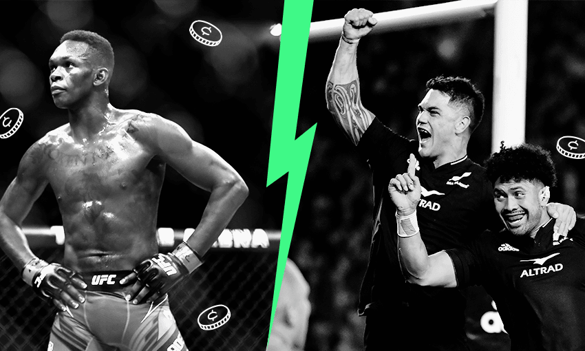 NZ sporting icons Israel Adesanya (left) and All Blacks Ardie Savea and Quinn Tupaea 
(Photos: Alejandro Salazar/PxImages/Icon Sportswire via Getty Images; Hannah Peters/Getty Images. Image design: Archi Banal) 
